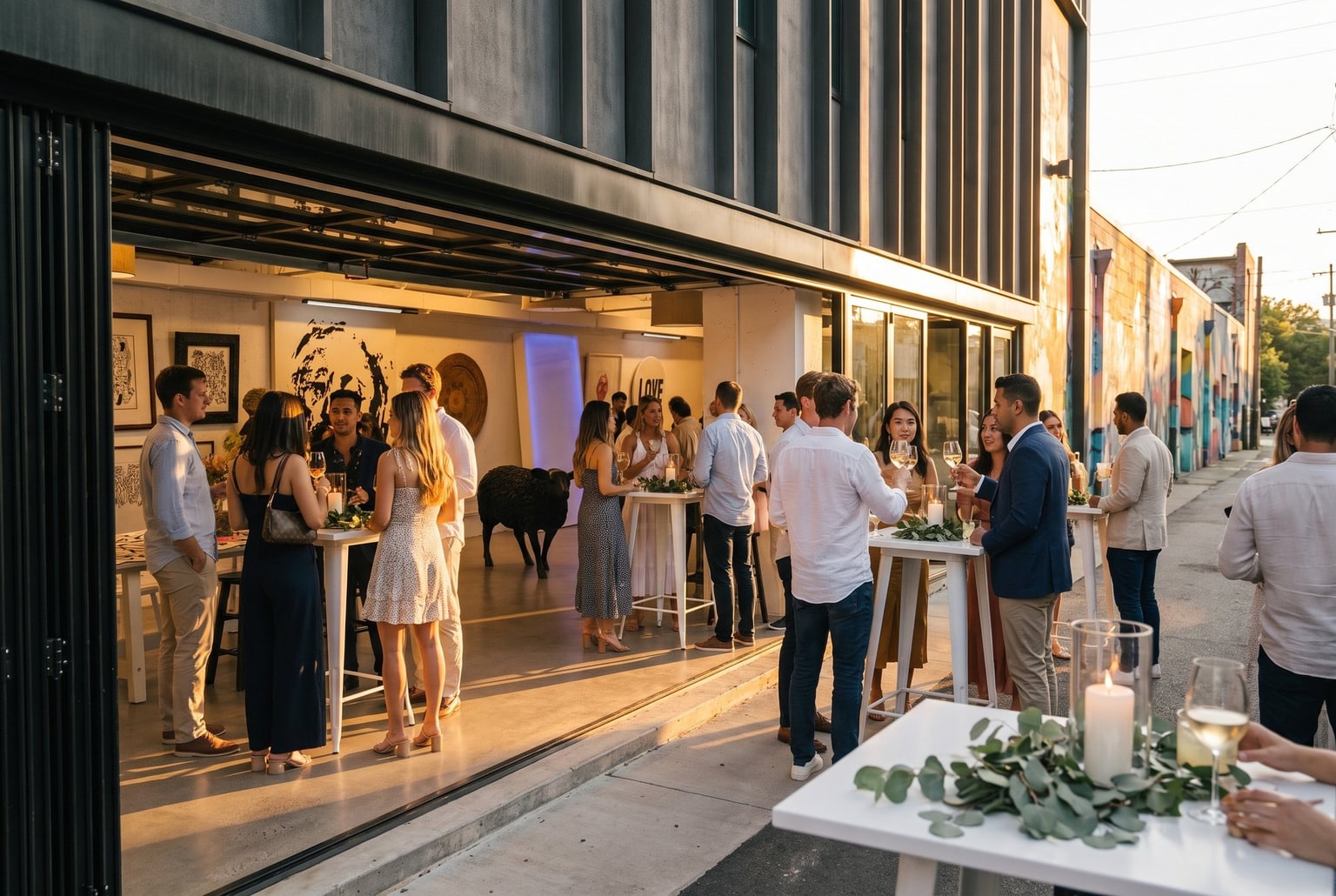 Golden hour at Togetherheads Studio: founders toasting with cocktails as the party spills from the glass box into the mural alley
