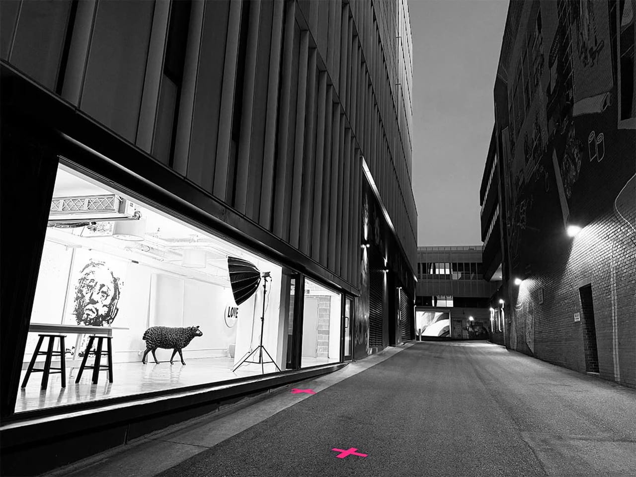 Togetherheads Studio glowing at night: a glass-walled gallery opening onto a Mount Pleasant alley