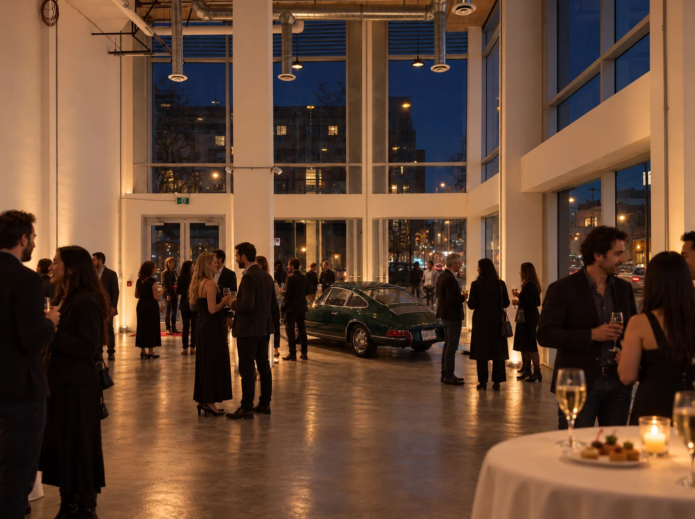 AI rendering of a cocktail table with drinks and small plates, guests and a green vintage Porsche by the corner glass