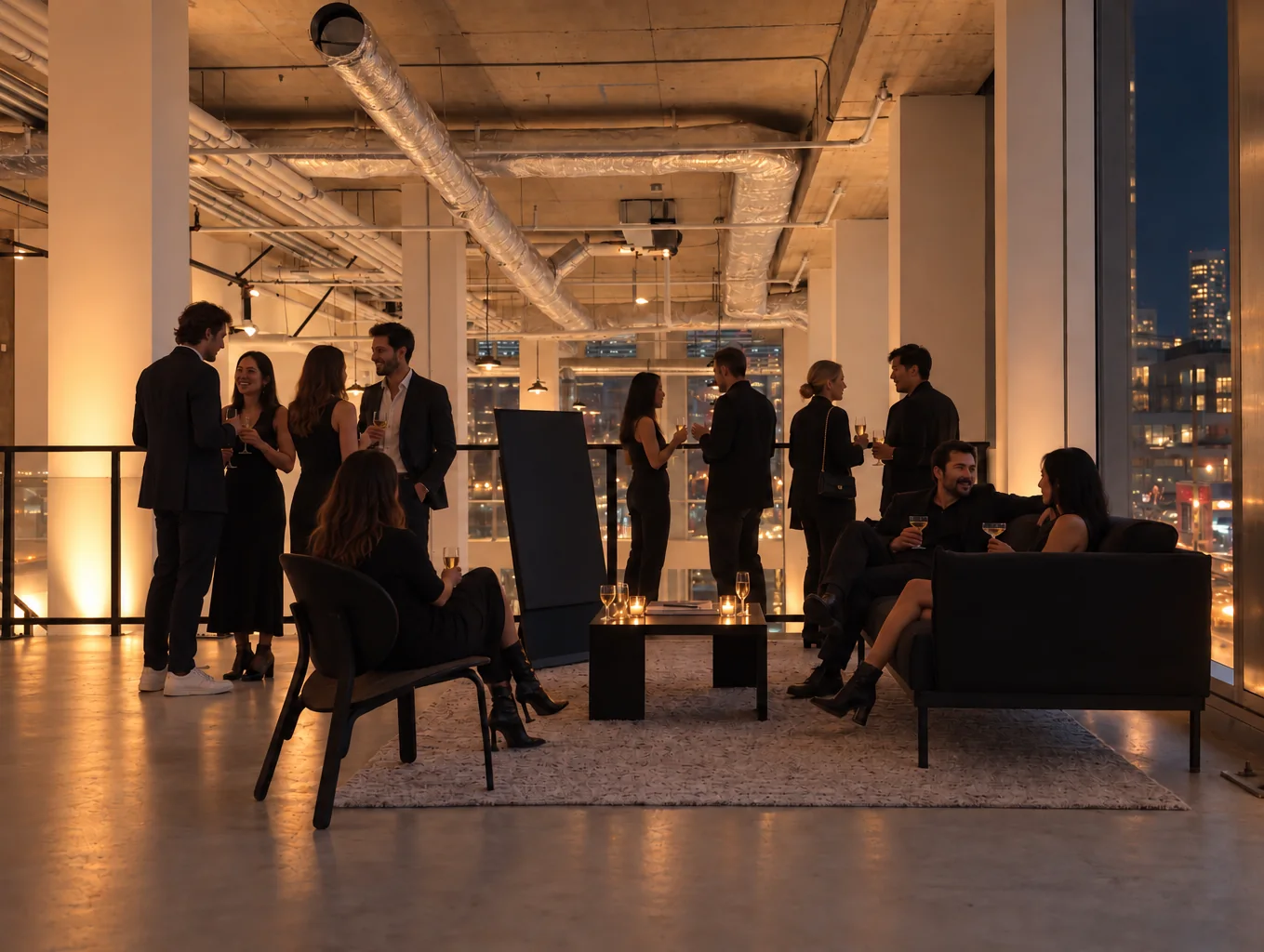 AI rendering of the upstairs lounge: guests on a black sofa by the windows at night