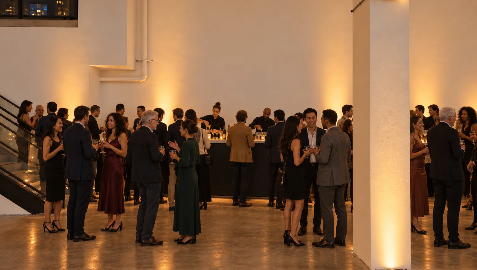 AI rendering of guests at a bar along a white wall beside the steel stair