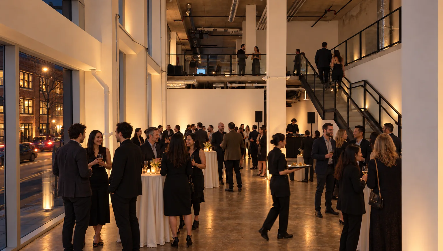 AI rendering of the main floor with standing cocktail tables, guests and a DJ by the steel stair