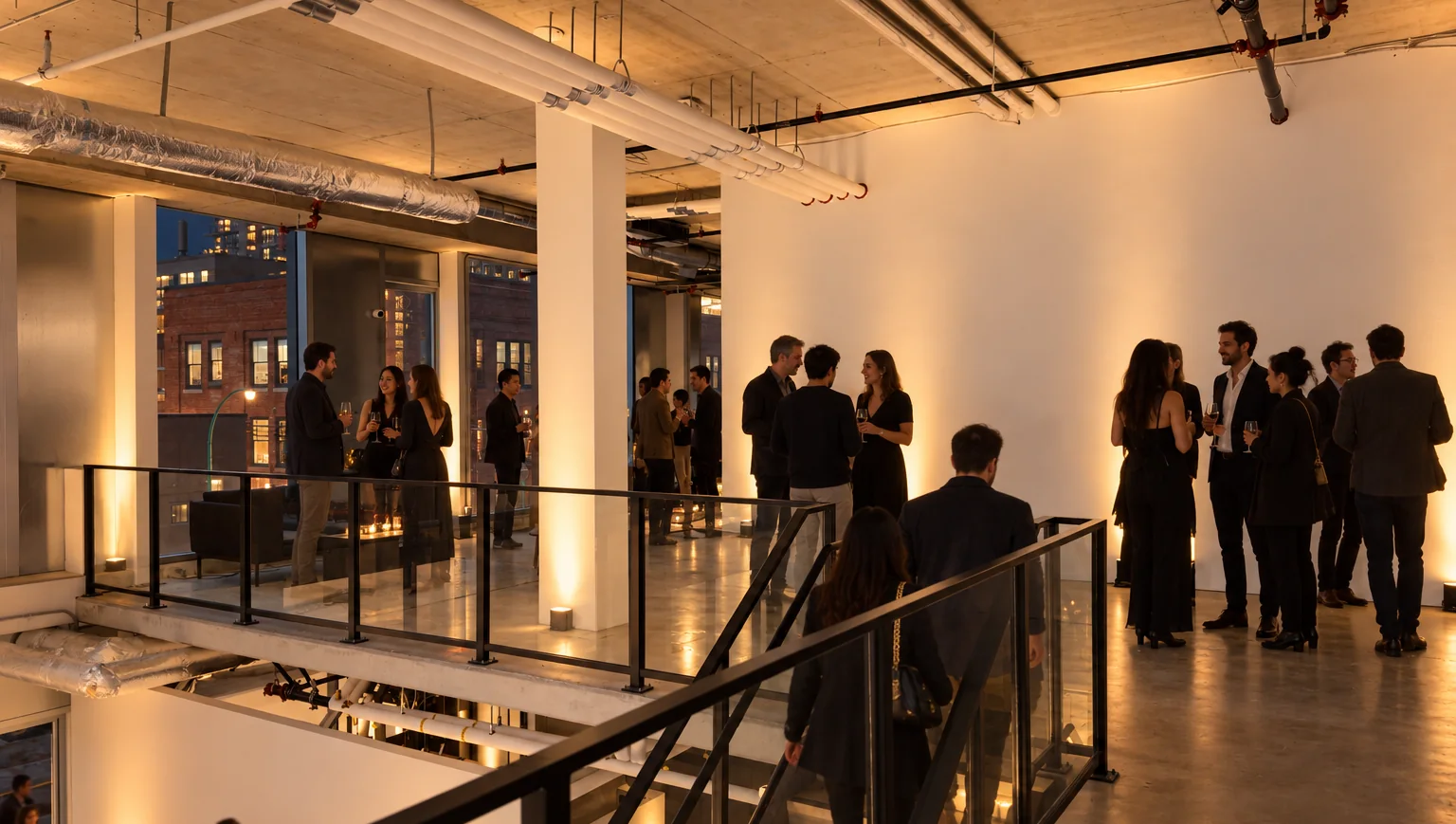 AI rendering of guests on the upper floor, seen from the top of the steel stair