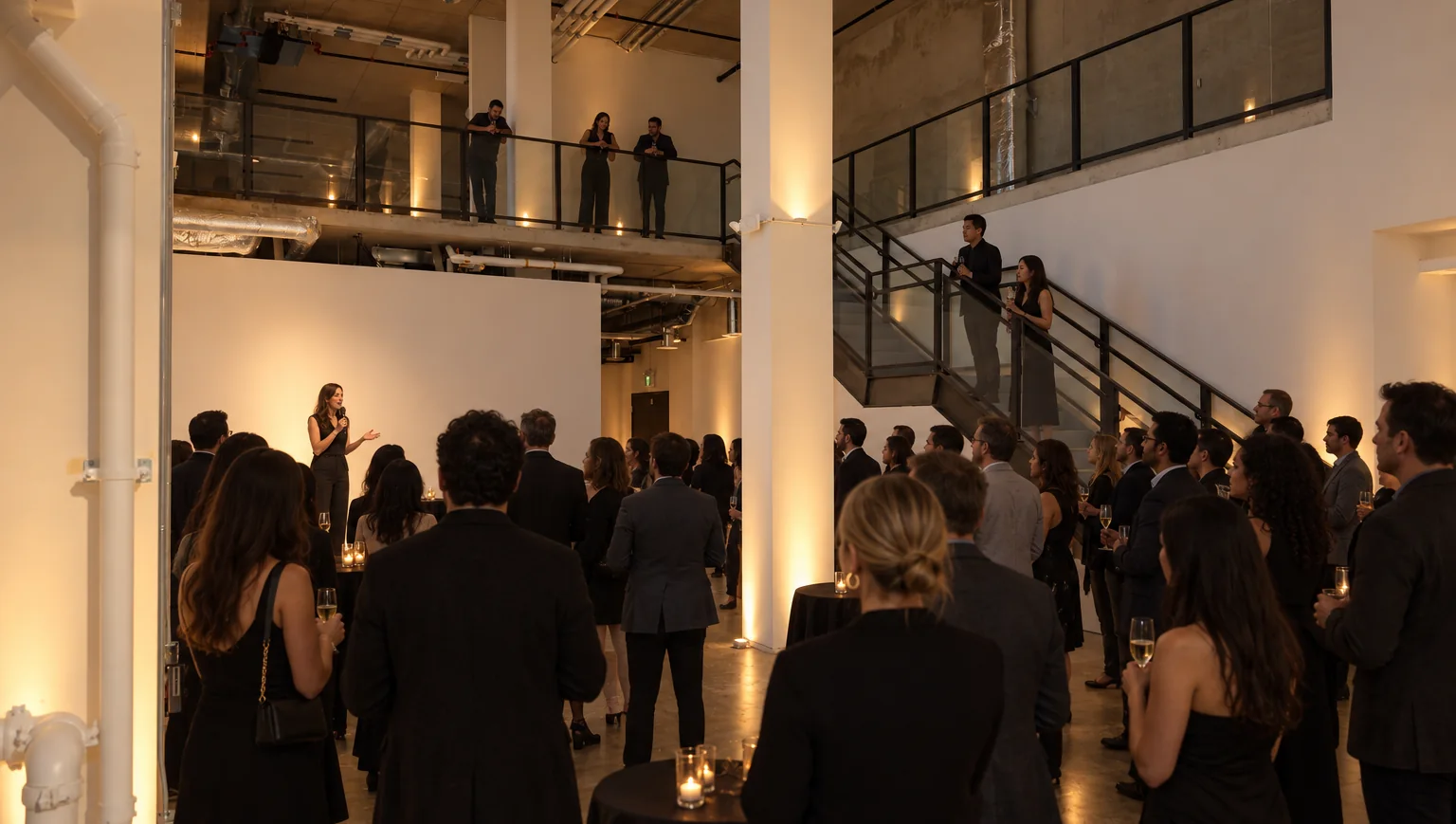 AI rendering of a speaker in the white photo cove, guests standing around her