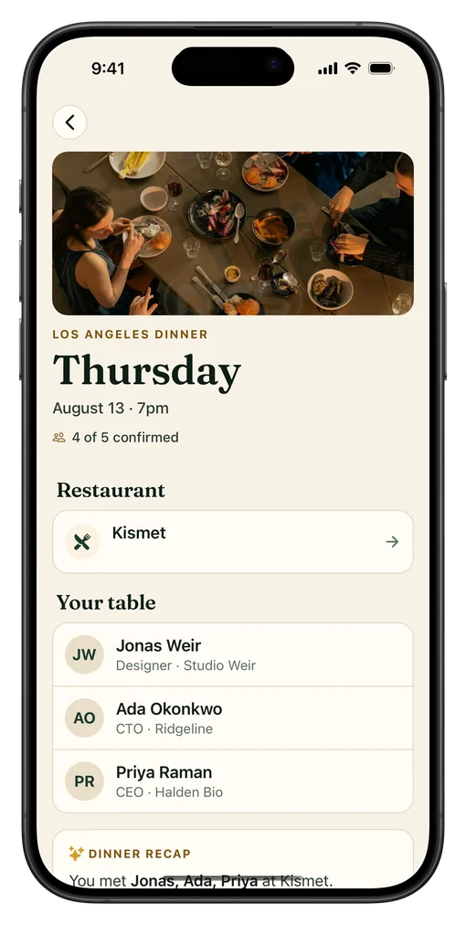 A dinner detail screen in the Founder Feast app with the restaurant and the table