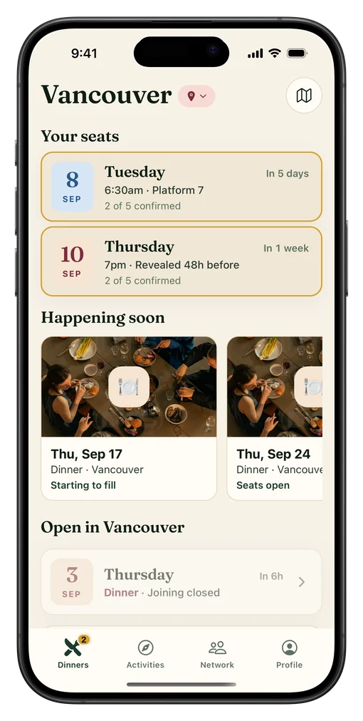 The Dinners tab of the Founder Feast app showing upcoming seats in Vancouver