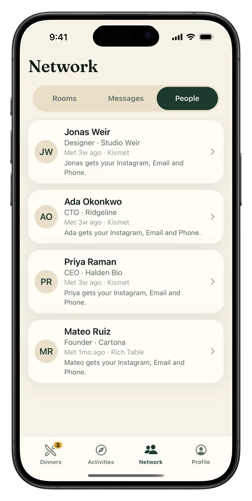 The People tab of the Founder Feast app listing vetted members