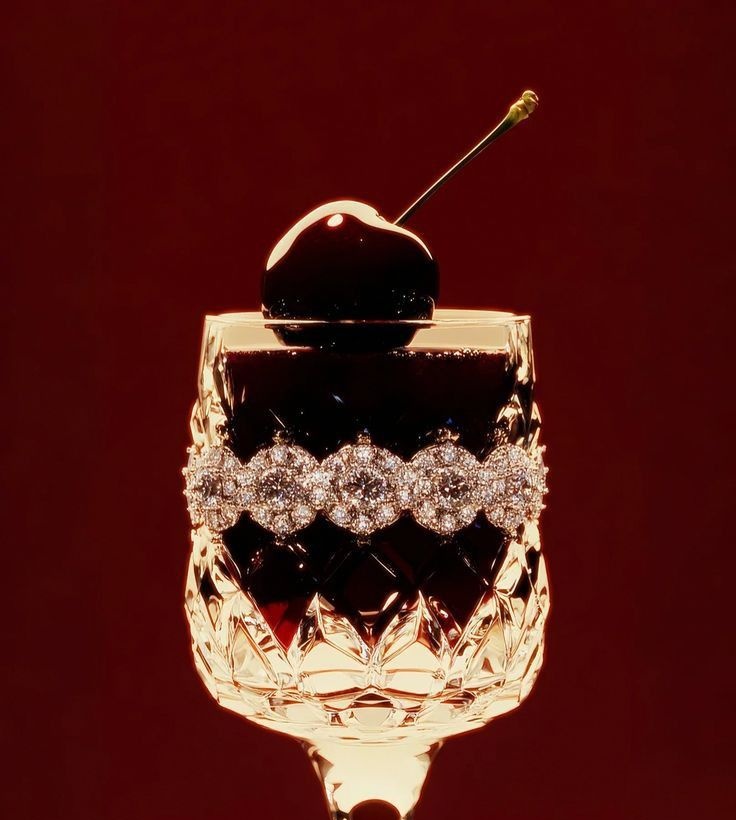 A cherry resting on a cut-crystal glass against deep red.
