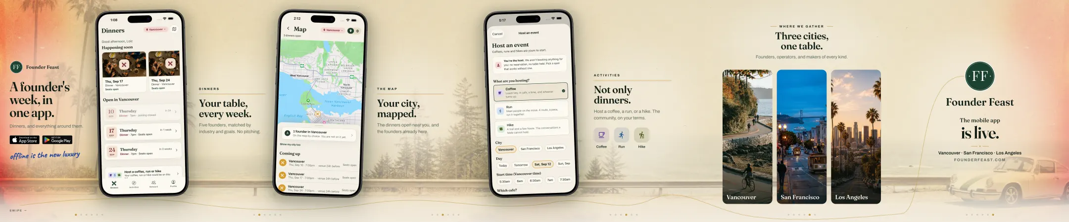 The Founder Feast app launch in six slides: a founder’s week in one app, the Dinners screen, the map of the city, hosting a coffee, a run or a hike, three cities and one table, and the seal announcing the mobile app is live